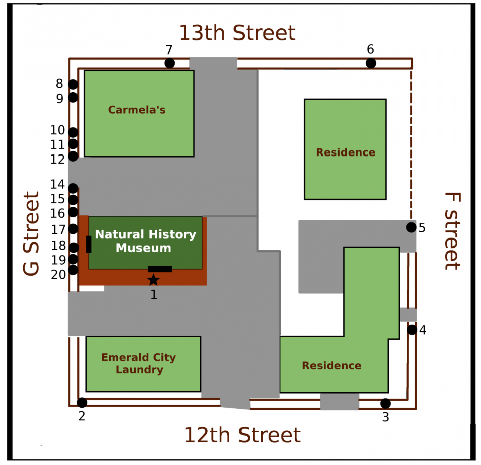 Street Map of the natural history museum. Numbers placed along the map represent a period of years