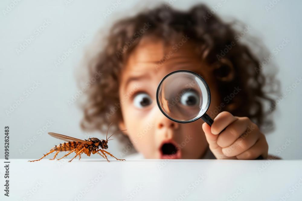 child looking at bug through magnifying glass