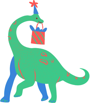stylized dinosaur with a birthday party hat