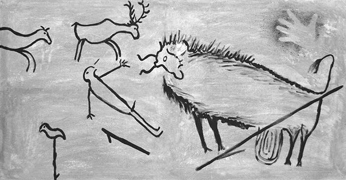 A cave painting depicting a hunting scene 