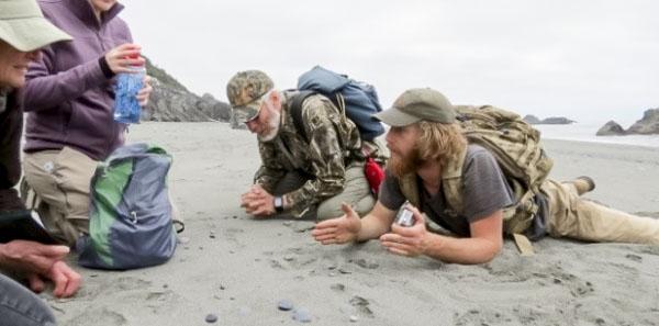 A few men looking for tracks in the sand at a tracking workshop