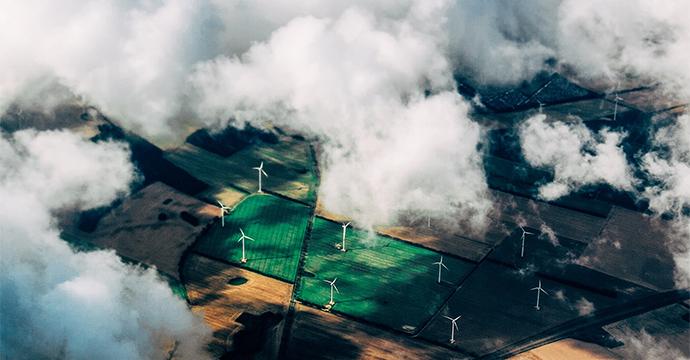 Aerial view of a windturbine farm